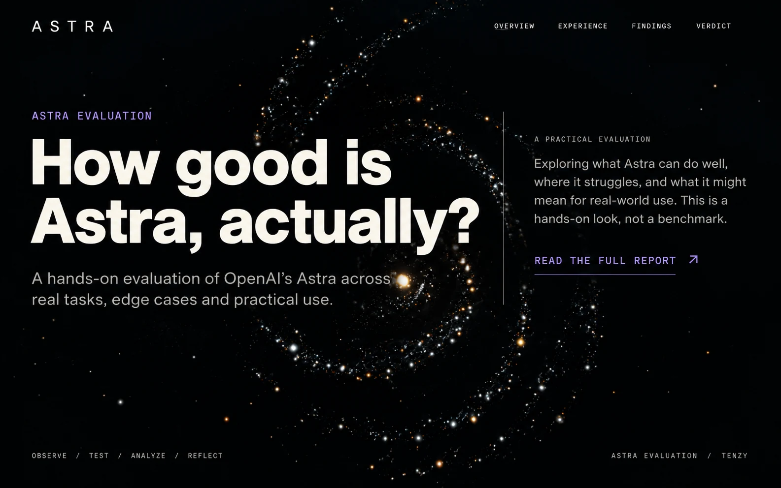 Preview artwork for the Astra Evaluation webpage: the headline How good is Astra, actually? over a spiral galaxy